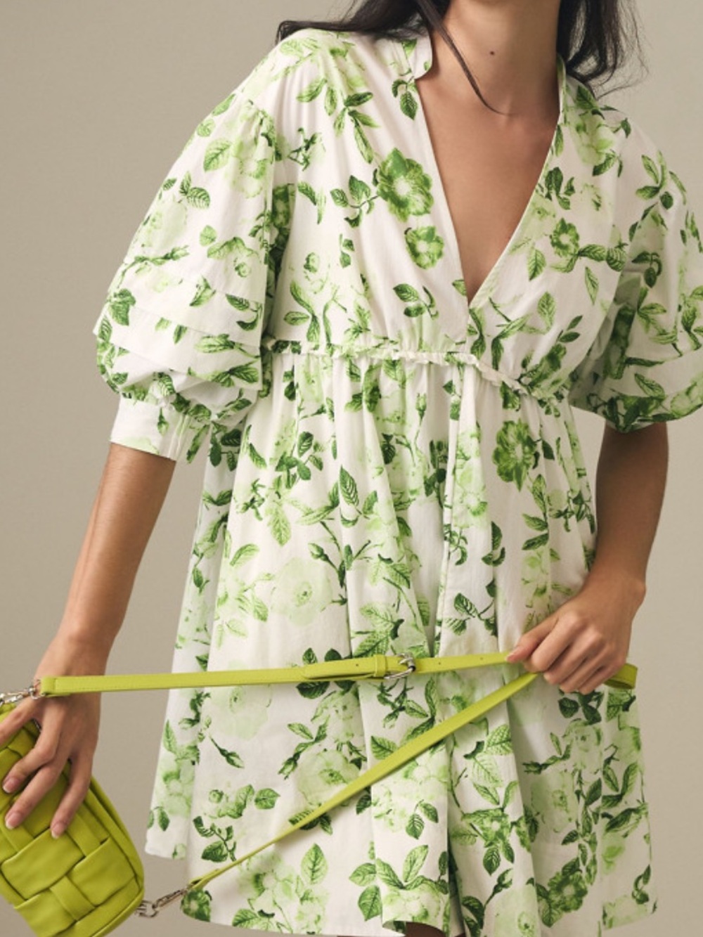 Maeve White Mini Dress with Green Floral Print